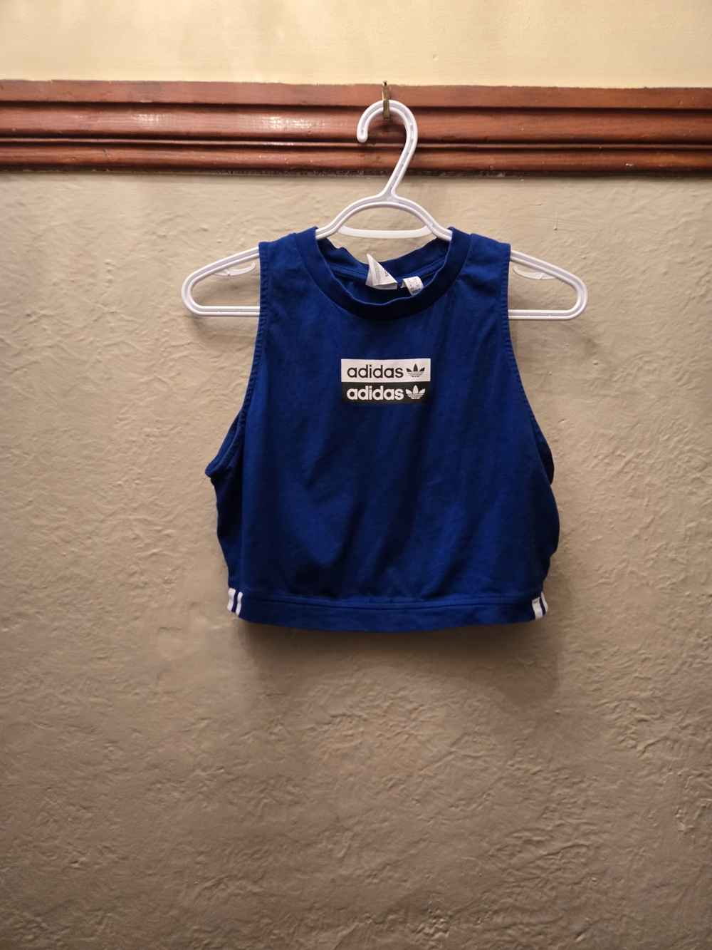 Adidas Blue Crop Top Tank Logo Trefoil Y2K Athleisure Sleeveless Fitted Stretch - Picture 7 of 10